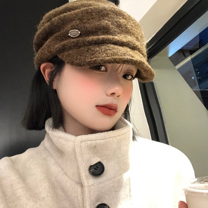 Béret plissé rétro pour femme, en polaire, chaud, pour l'automne et l'hiver, couleur café, blanc, gris, style casquette de newsboy - Product Image 1