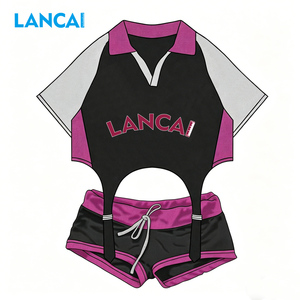 Ensemble 2 pièces décontracté et sportif pour femme LANCAI : Polo court colorblock et short à cordon de serrage - Product Image 2