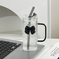 Offre Spéciale – Tasse carrée en verre borosilicate pour boissons chaudes et froides avec couvercle, paille en verre et décoration nœud papillon