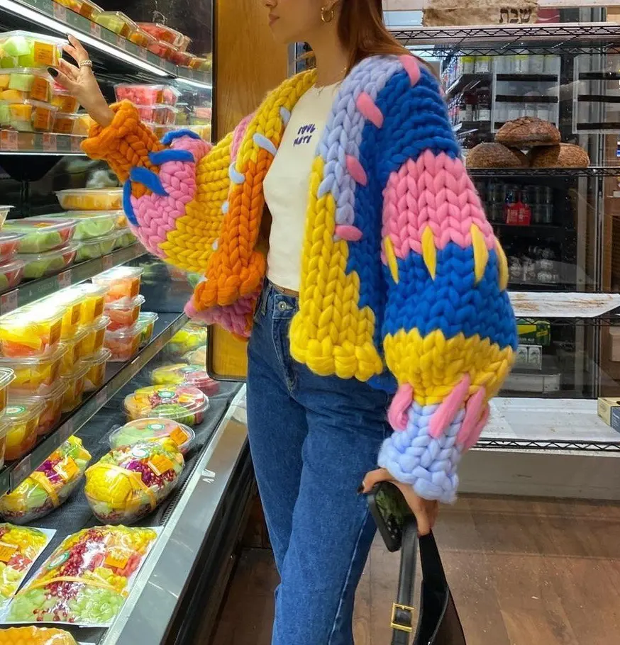 Color Block Rainbow Knitted Cardigan Top Coat Women's Autumn and Winter Hand Knitting Thick Crochet Sweater