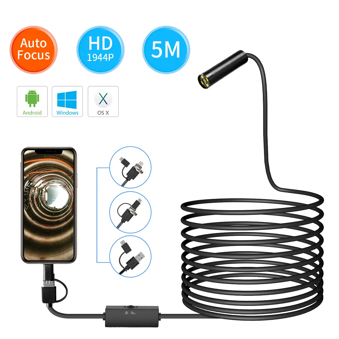 Inskam108 5MP 12mm 4LED 1m hard cable auto focus camera endoscope wire camera for mobile endoscope high resolution camera