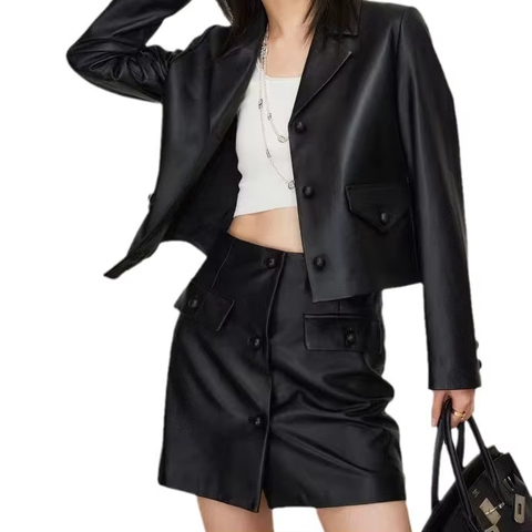 3401 Autumn Spring New Trendy Sexy Black Single Breasted Stylish Women Real Leather Short Skirt