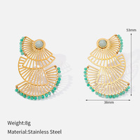 Boucles d'oreilles pendantes haut de gamme pour femmes, style ethnique bohème, en forme d'éventail, incrustées de turquoise, creuses, plaquées or, vente en gros