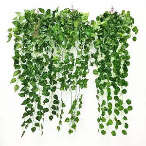 Tanaman daun ivy buatan, hiasan dinding pernikahan, dedaunan plastik karangan bunga gantung rambat buatan untuk taman rumah