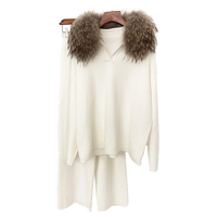 Ensemble Deux Pièces de Luxe en Tricot de Laine pour Femme, Pull à Col Montant, Pantalon en Véritable Fourrure de Renard, Motif Uni, Décontracté pour Tenue Automne/Hiver