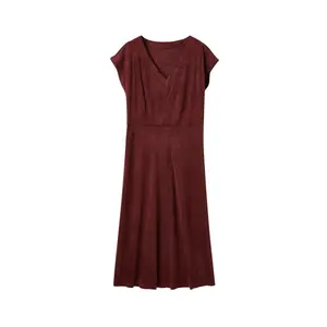 Yüksek kaliteli kadın Vintage yaz elbisesi katı renk v yaka kolsuz A-Line süet rahat tarzı basit örgü uzun tasarım