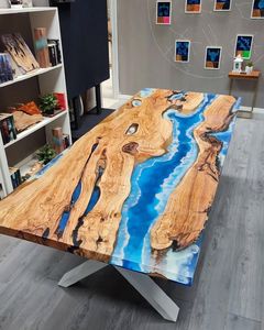 Ensemble de table à manger rectangulaire en résine époxy personnalisée de luxe Rive Table en bois faite à la main pour la cuisine et le salon - Product Image 3