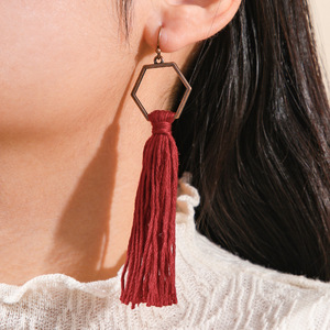 Hexagon <b>Drop</b> Earrings Red Tassel Vintage Copper Alloy Women's Party Jewelry - Product Image 3