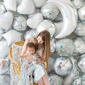 Aluminum Foil Moon Set Silver 4D Disco Aluminum Foil Balloons Birthday Party For Baby Shower Party Decoration