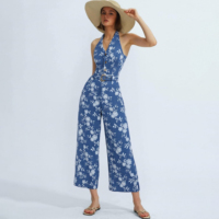 Combinaison dos nu à bretelles personnalisée pour femmes, en jacquard floral, avec ceinture