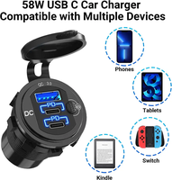 Chargeur USB marin 3 ports 12V-24V à charge rapide, étanche, avec prise allume-cigare USB de remplacement en aluminium, interrupteur et voltmètre