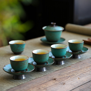 Porcelain Kung Fu Tea Set Teacup Home Kiln Baked Retro Tea Cup Fragrance-smelling Cup Spearmint Coaster Small Single Cup - Product Image 4