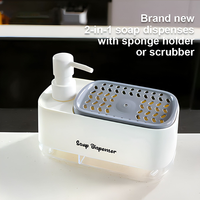 Dispenser Sabun Plastik 2-in-1 Penggunaan Ganda untuk Sabun Cuci Tangan dan Deterjen dengan Tempat Spons Cocok untuk Rumah dan Dapur
