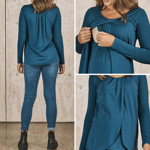 Haut de maternité discret à manches longues, coupe fluide, devant à volants, en mélange de rayonne/élasthanne, idéal pour l'été - Product Image 2