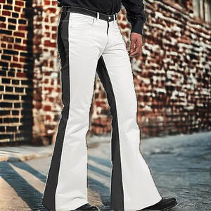 Pantalones de Hombre Blancos con Paneles Laterales Negros, Cintura Media, Mezclilla de Algodón, Corte Regular, Estilo Casual de Primavera - Product Image 2