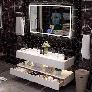 Mármol lavar doble lavabo cuarto de <span class=keywords><strong>baño</strong></span> vanidad de piedra Artificial de gabinete de espejo con luces Función de gabinete de madera - Product Image 6