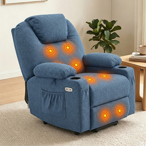 Sillón Reclinable Eléctrico de Tela Azul Personalizado con Masaje, Calefacción, Portavasos y Bolsillos de Almacenamiento - Product Image 1