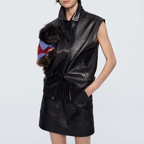 HN6164 Women's Black Oil-Waxed Sheepskin Leather Vest Turn-down Collar Loose Casual Waistcoat
