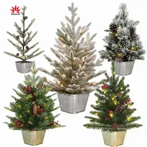 Decoração de árvore de natal flocada pequena para mesa, árvore de natal flocada com neve LED, decoração para feriados, presentes de natal vermelhos