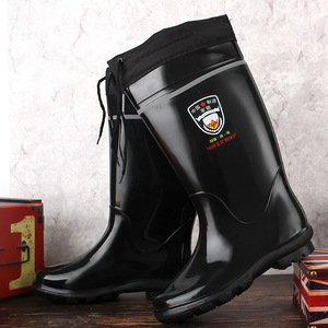 Bottes de pluie hautes en coton pour hommes, noires, couleur unie, à enfiler, talon bas, résistantes aux produits chimiques et à l'huile, protection des pieds - Product Image 2
