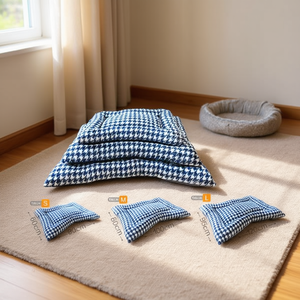 Ensemble de trois tapis pour chien en peluche bleu motif pied-de-poule pour lits d'animaux - Product Image 2