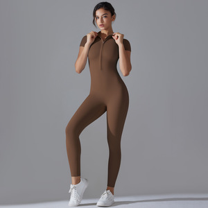 Neuer Damen-Reiß verschluss Enge Kurzarm-V-Ausschnitt Leichtes, atmungsaktives Sport-Yoga in voller Länge - Product Image 6