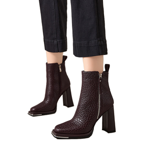 Elegant Platform Short Ankle Boots <b>Women</b> Autumn Winter Solid Real Leather Fashion Square Toe High <b>Heels</b> Sizes 41 - Product Image 1