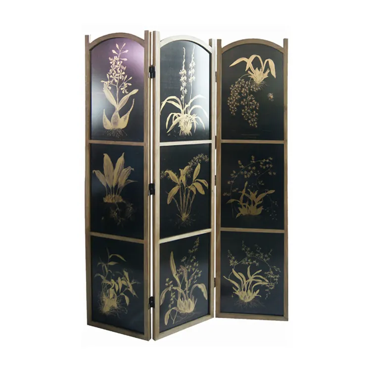 Luxury Custom Wood Frame Plants Artwork Gold Foil Folding Black Room Divider Screen With 3 Panel Room Divider