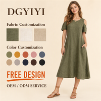 Robe décontractée pour femme, épaules dénudées, manches courtes, longueur midi, en mélange de lin 200 GSM, coupe ample, respirante, avec logo personnalisé, OEM