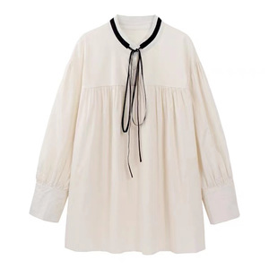 French Style Long Sleeve Puff Sleeve Dress Women Loose Waist <b>Tie</b> <b>Neck</b> Apricot Solid Color Casual Daily Wear Short Skirt - Product Image 5