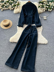 Costume décontracté femmes 2025 automne Style décontracté à la mode col ajusté à manches longues Denim veste taille haute pantalon - Product Image 5