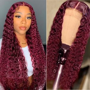 Perruques frontales en dentelle 13x4 en <span class=keywords><strong>cheveux</strong></span> humains colorées bordeaux 99j pour femmes noires, pré-épilées, bouclées, frisées, ondulées, effet Jerry, Deep Curly, Water Wave, vente en gros - Product Image 6