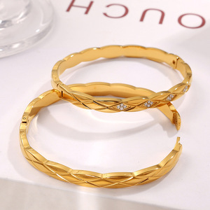 New Trendy Simple Diamond Cross Checkered Pattern Bracelet Stainless Steel Bangles Fashion Jewelry <b>for</b> Women - Product Image 2