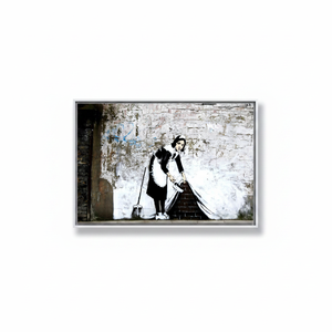 Banksy Graffiti Woman Printed <b>Canvas</b> Art: Modern Wall Decor,WHITE <b>FRAMED</b> <b>CANVAS</b> - Product Image 2