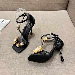 Meilleure vente de luxe fête femmes strass métal orchidée boucle bout exposé boucle sangle bout carré style mondain talons hauts - Product Image 3