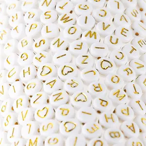HARGA TERBAIK 100 buah/tas manik-manik akrilik huruf alfabet manik-manik huruf akrilik emas putih bulat untuk membuat perhiasan