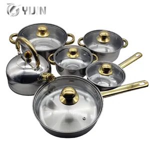 Conjunto de potes de cozinha em 12 peças, frigideira antiaderente e de aço inoxidável, conjunto de panelas douradas