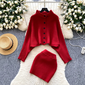 Set da donna 2 pezzi in maglia <span class=keywords><strong>estetica</strong></span> da donna inverno manica corta monopetto Crop Top e gonna aderente - Product Image 3
