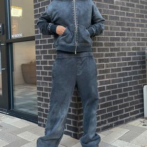 Sweat-shirts pour hommes avec strass, pantalon de survêtement et sweat-shirt en coton 100%, ensemble délavé à l'acide, surdimensionné, fermeture éclair intégrale, personnalisé, poids lourd pour hommes - Product Image 5