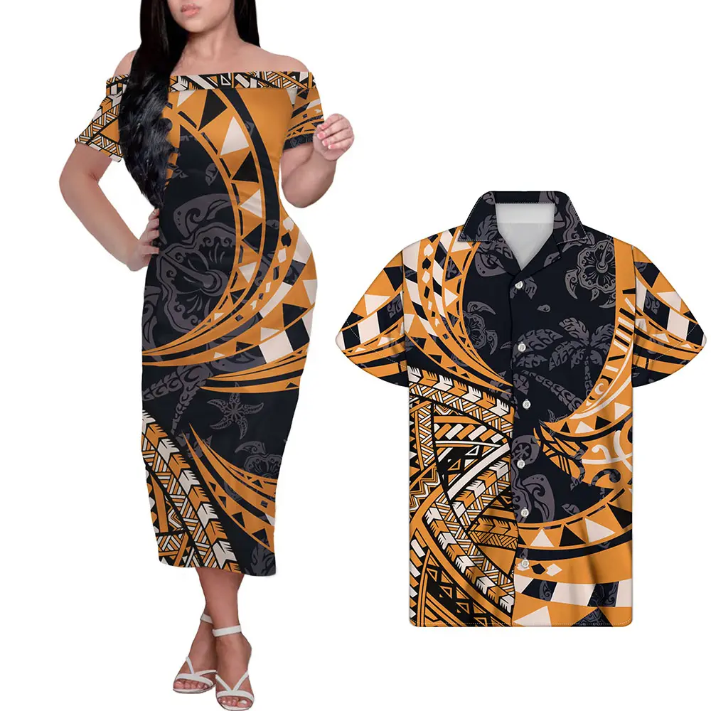 Vestido longo de manga curta feminino, design da polinésia 2021 dourado tribais vestidos para mulheres elegantes moda sensual