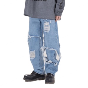 กางเกงยีนส์ขาดทรงหลวมสีน้ำเงินสำหรับผู้ชายไซส์ใหญ่ สไตล์สตรีทแวร์ลำลอง ขากว้าง - Product Image 3