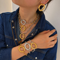 CLIORO Deux Tons En Acier Inoxydable Collier Bracelets Boucles D'oreilles Anneau Ensemble Irrégulier Cercle Pendentif Étanche Bijoux pour Femmes