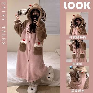 Ensembles de vêtements de nuit mignon <span class=keywords><strong>fille</strong></span> dessin animé à capuche corail polaire pyjamas femmes épais chaud peignoirs pour automne hiver - Product Image 2