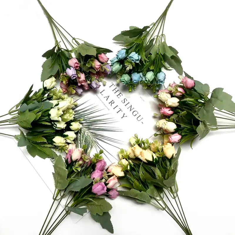 Bunga buatan, bunga palsu 5 garpu 15 kepala simulasi buket mawar rumah dekorasi pernikahan warna