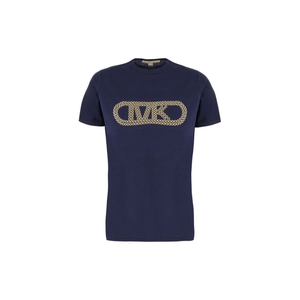 Camiseta de algodón puro azul de marca de lujo de diseño de gama alta con logotipo de remache metálico dorado - Product Image 1