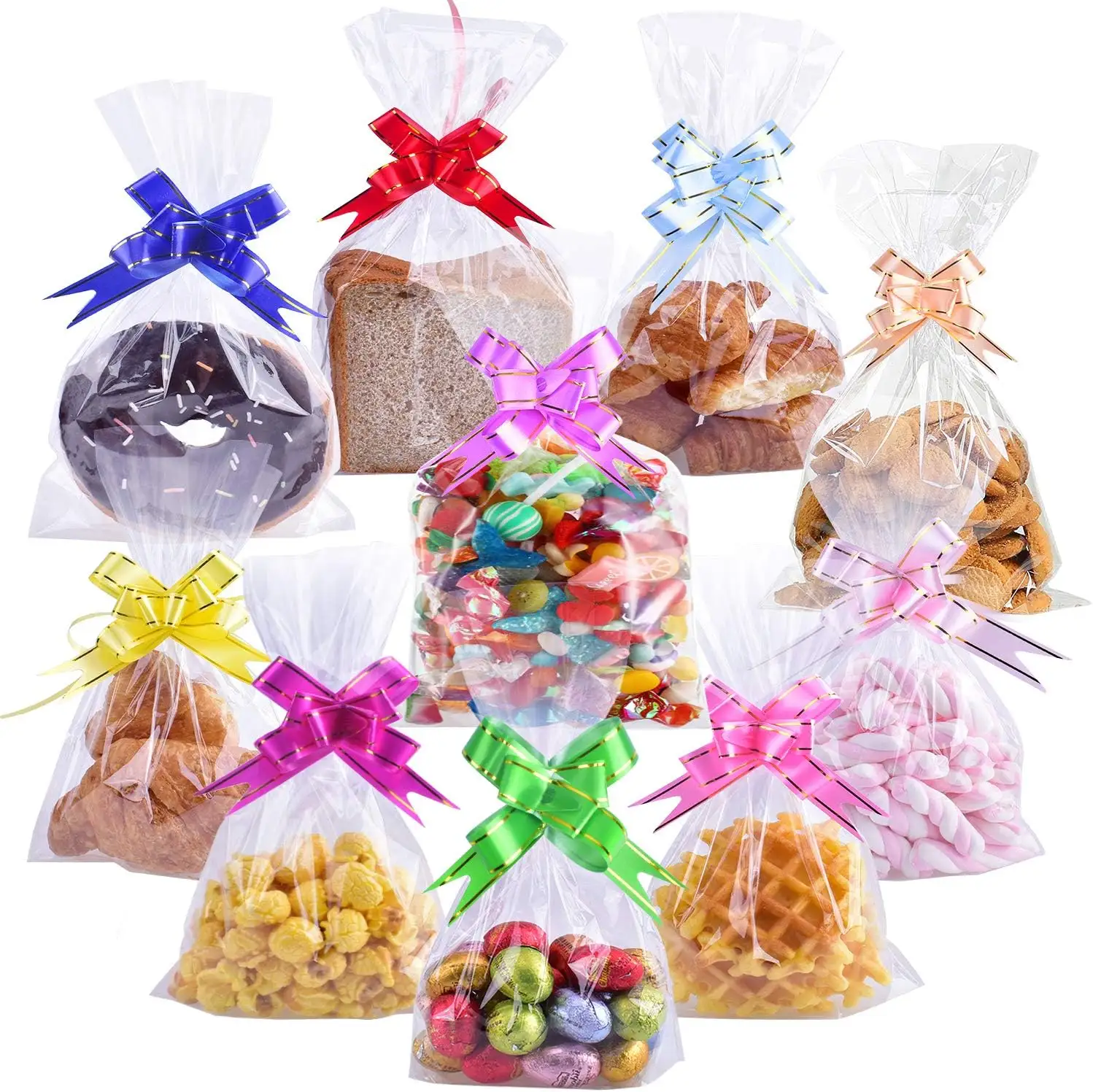 Clear Resealable Flat Cello Bags Sweet Party Gift Bags OPP Plastic Bag with Mix Colors Ribbons