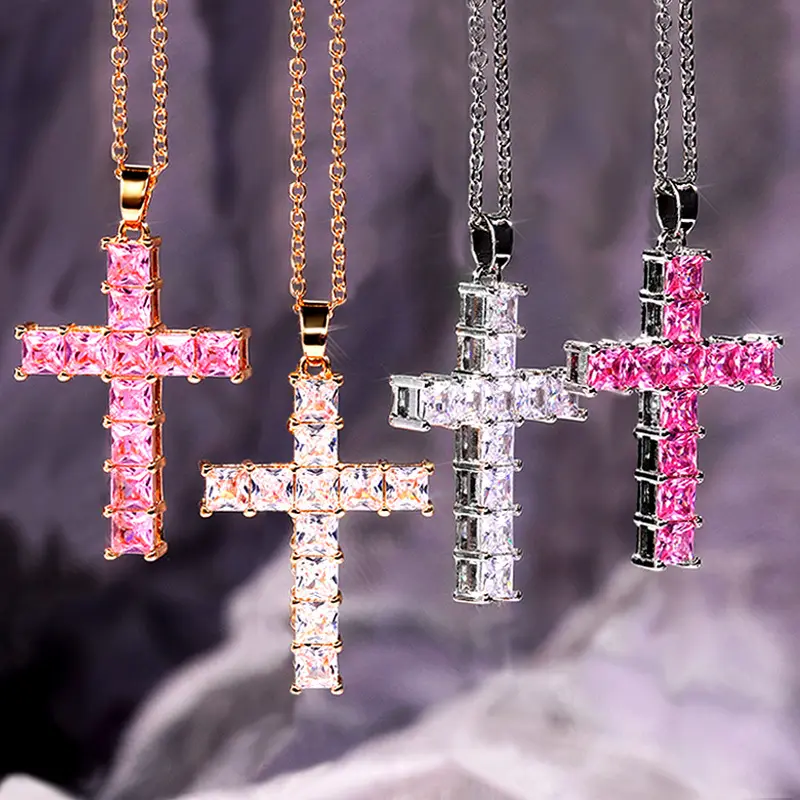 Воротник Cruz элегантная позолоченная медная цепочка с розовым хрусталем крест ожерелье оптом циркон ожерелье женщины