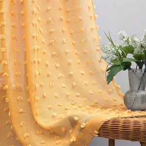 Boho Back Tab Sheer Mustard Yellow Curtains Window Drapes Semi Voile Pom Pom Tufted Textured Curtains for Living Room Bedroom