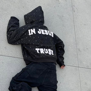 Fabricant de vêtements streetwear 3D automne, poids lourd 500 g/m², coupe ample, noir, logo personnalisé, patch brodé vieilli, entièrement orné de strass, fermeture éclair - Product Image 3