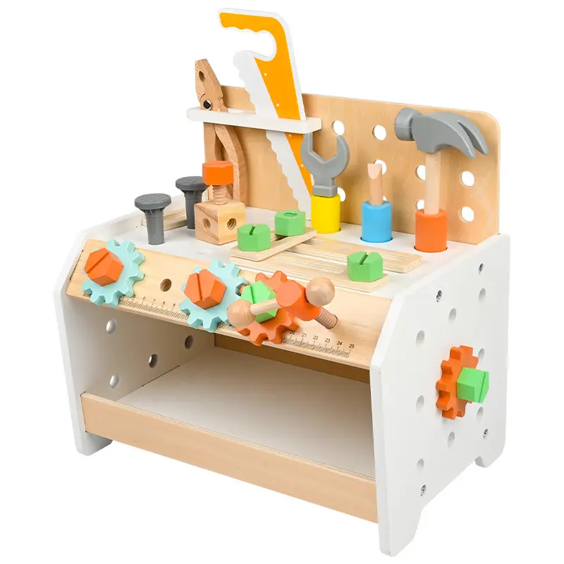 हॉट सेलिंग एजुकेशनल प्रिटेंड प्लेइंग किड वुडन टूल वर्कबेंच सेट हस्तनिर्मित बेबी टूल्स टेबल खिलौने